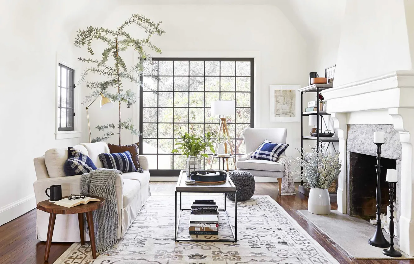 Photo wallpaper design, style, interior, light, fireplace, living room, by Emily Henderson, Traditional Cozy
