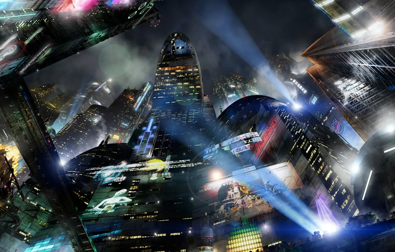 Photo wallpaper city, the city, future, fiction, building, skyscrapers, fantasy, spotlight