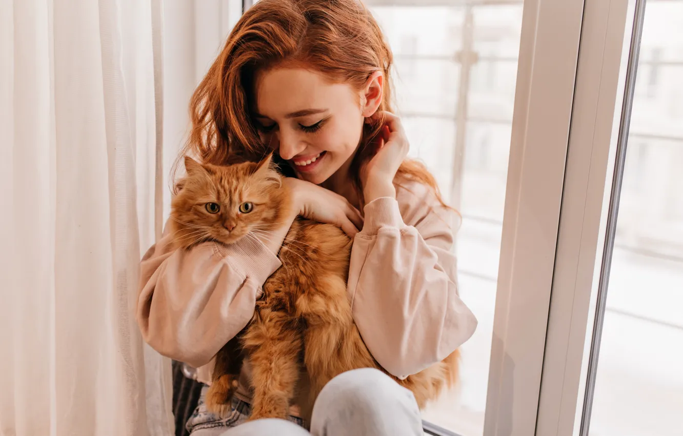 Photo wallpaper cat, girl, red