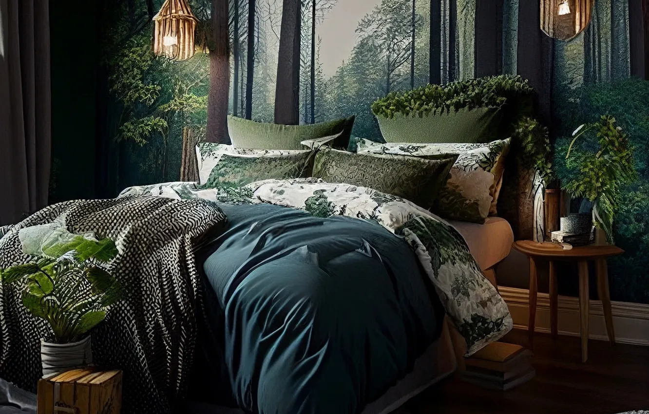 Photo wallpaper design, style, room, Wallpaper, interior, bed, lamp, bedroom