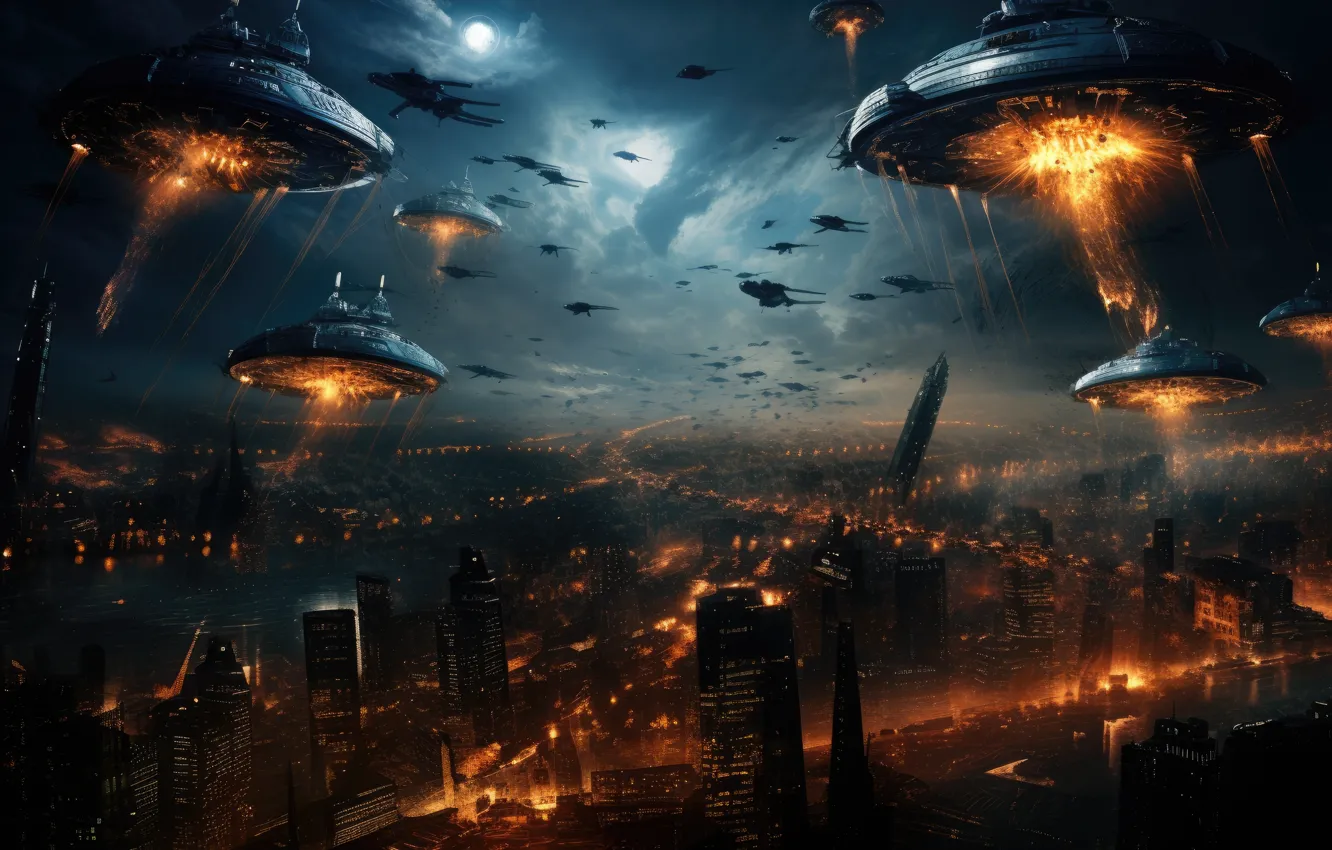 Photo wallpaper Alien ships, alien, skyscrapers, megapolis, AI art, the city, battle, lights