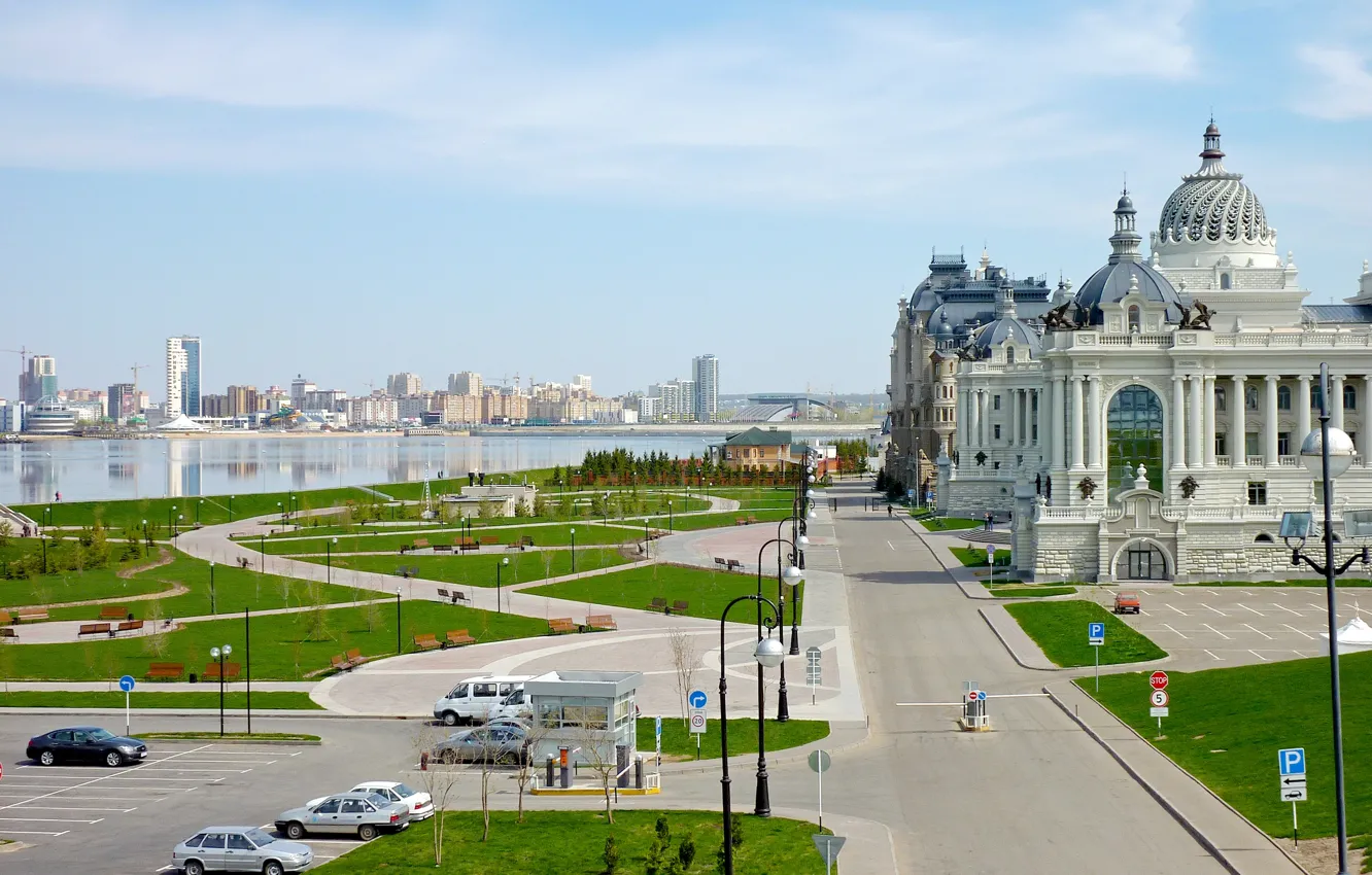Photo wallpaper river, architecture, Kazan, Tatarstan, The Palace Of Farmers