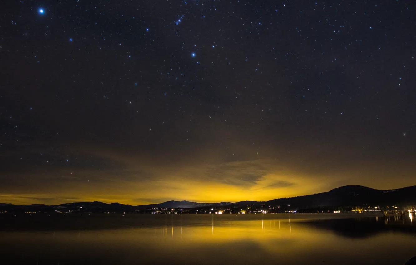 Photo wallpaper the sky, stars, lake, glow, California, Lake Tahoe, Kings Beach