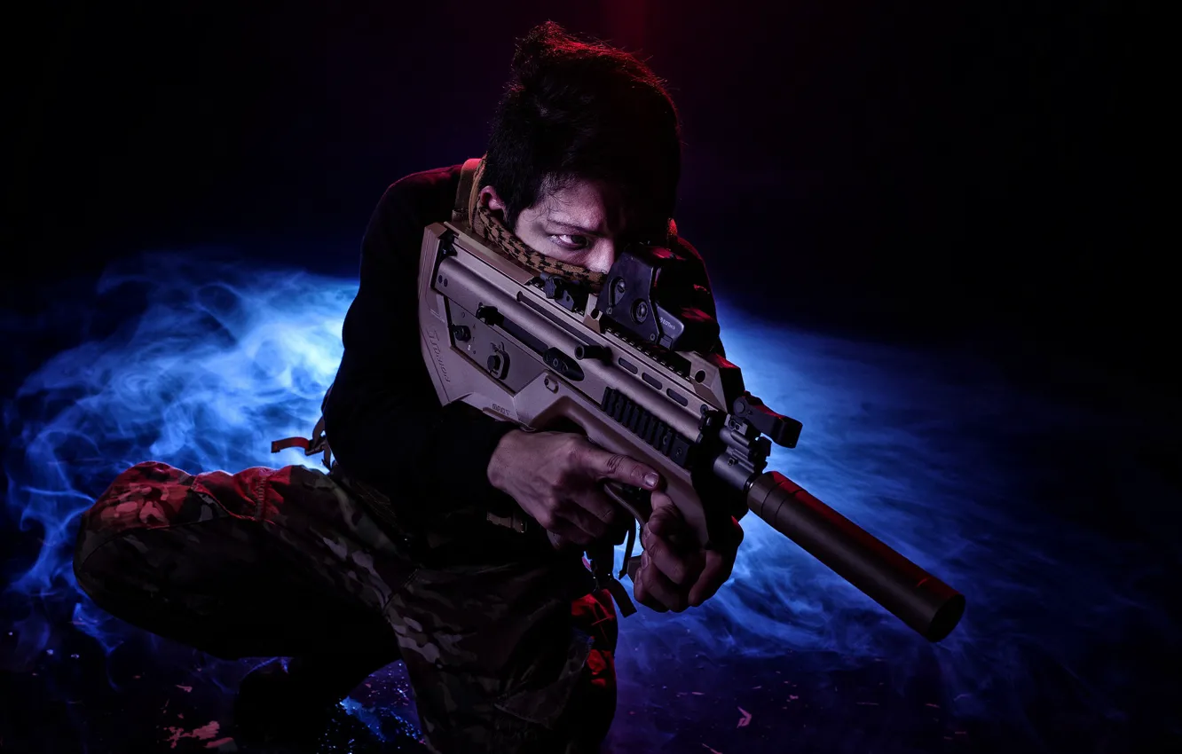 Photo wallpaper face, weapons, background, machine, male, muffler