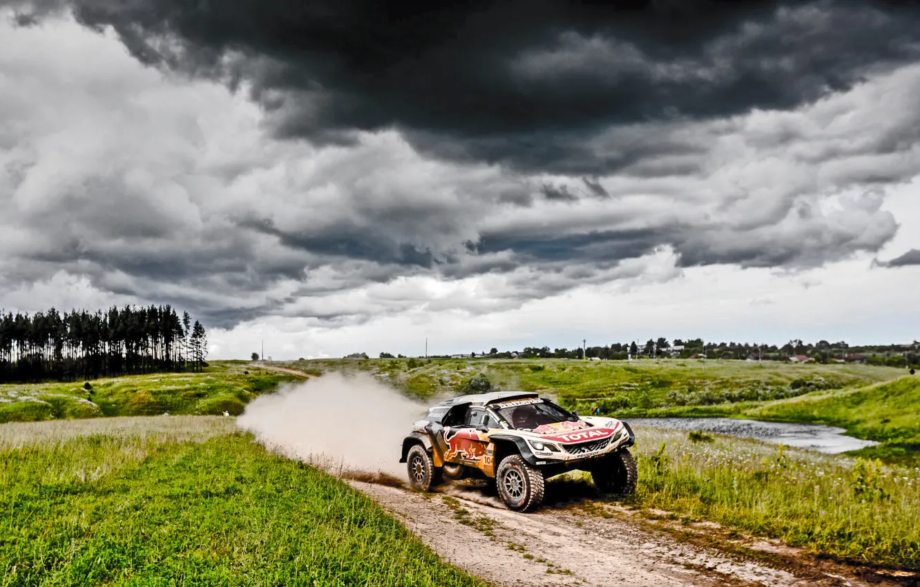 Photo wallpaper Sport, Speed, Clouds, Race, Dirt, Peugeot, Lights, Red Bull