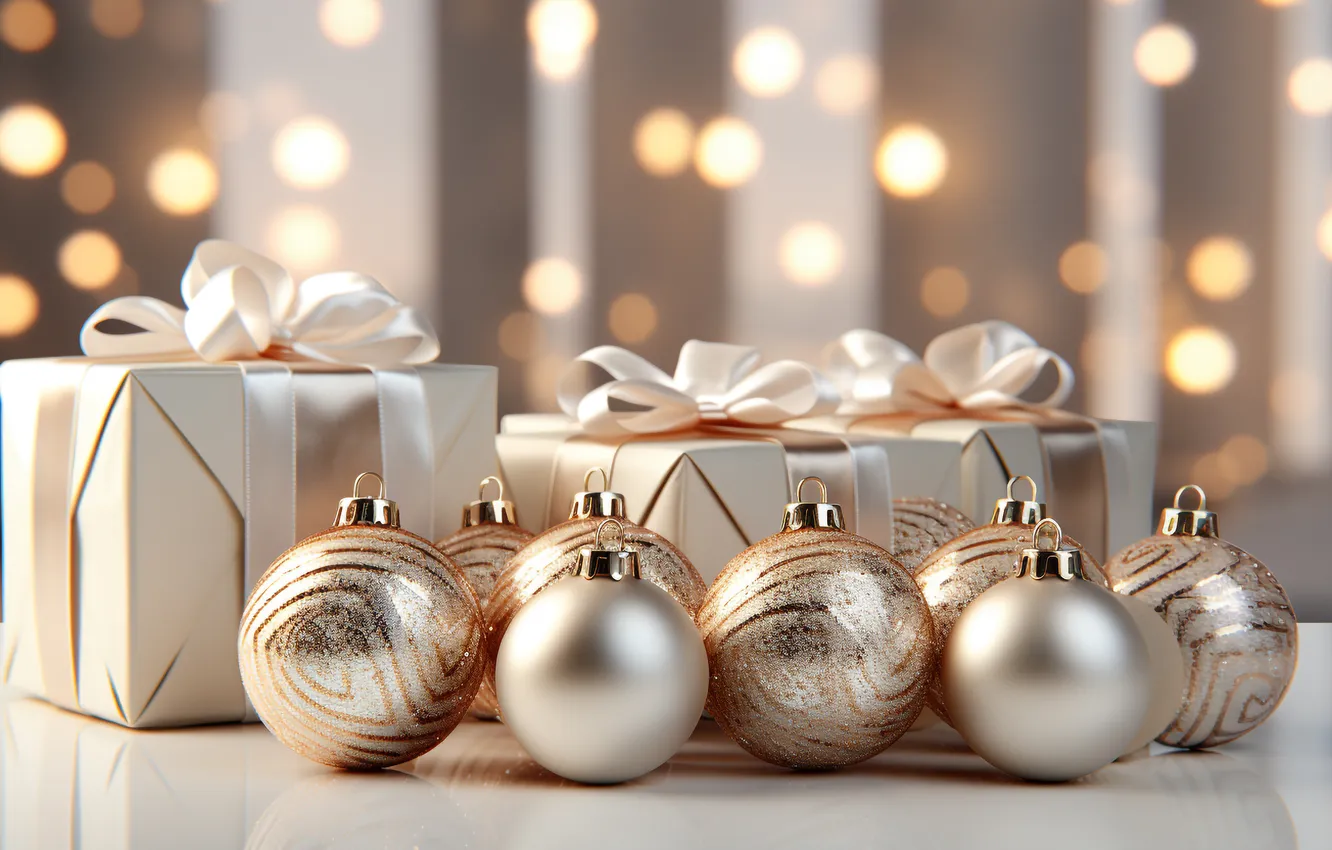 Photo wallpaper decoration, gift, balls, tree, new year, Christmas, golden, Christmas