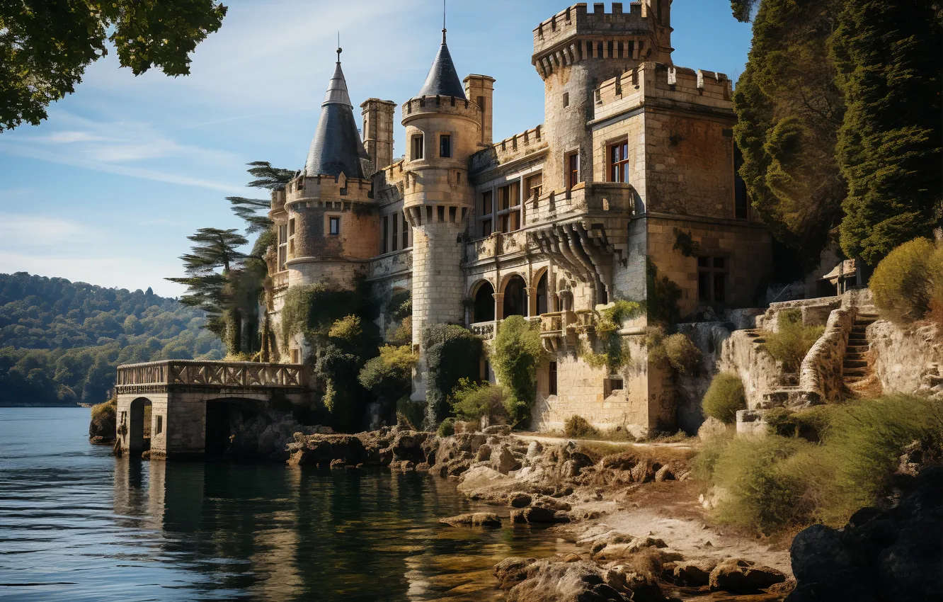 Photo wallpaper lake, castle, landscape, view, castle, ancient, Ancient