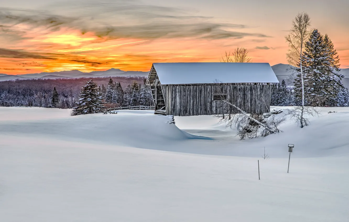 Photo wallpaper winter, sunset, house