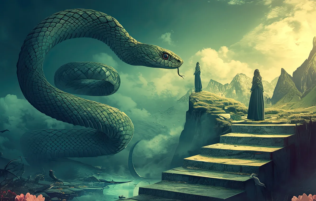 Photo wallpaper snake, neural network, reptile, animal, ladder, digital art, mountains, AI art