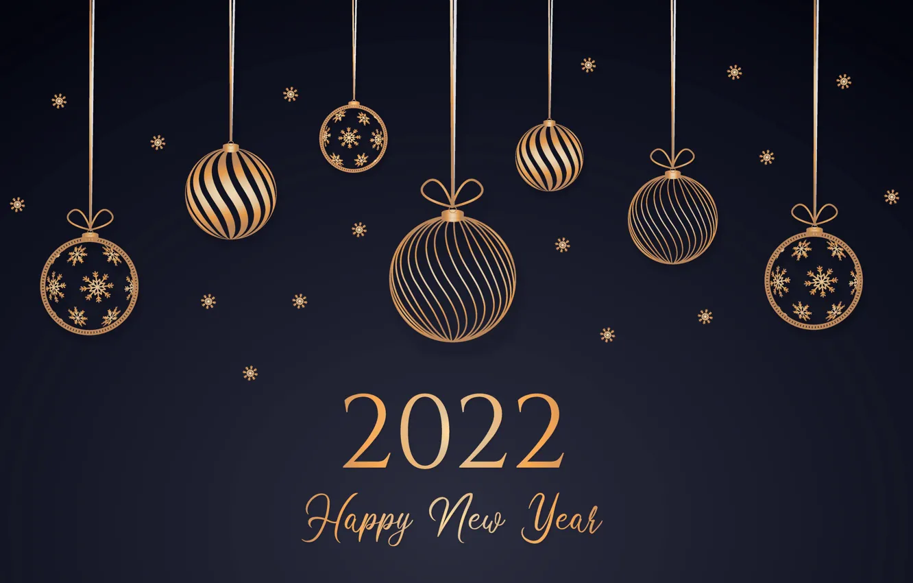 Photo wallpaper gold, balls, figures, New year, golden, black background, new year, happy