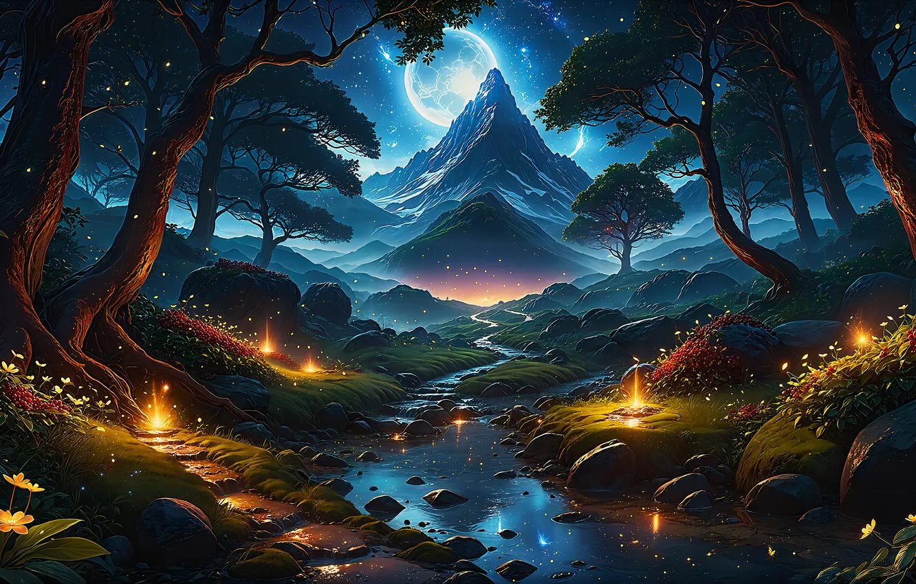 Photo wallpaper forest, landscape, nature, night, AI art