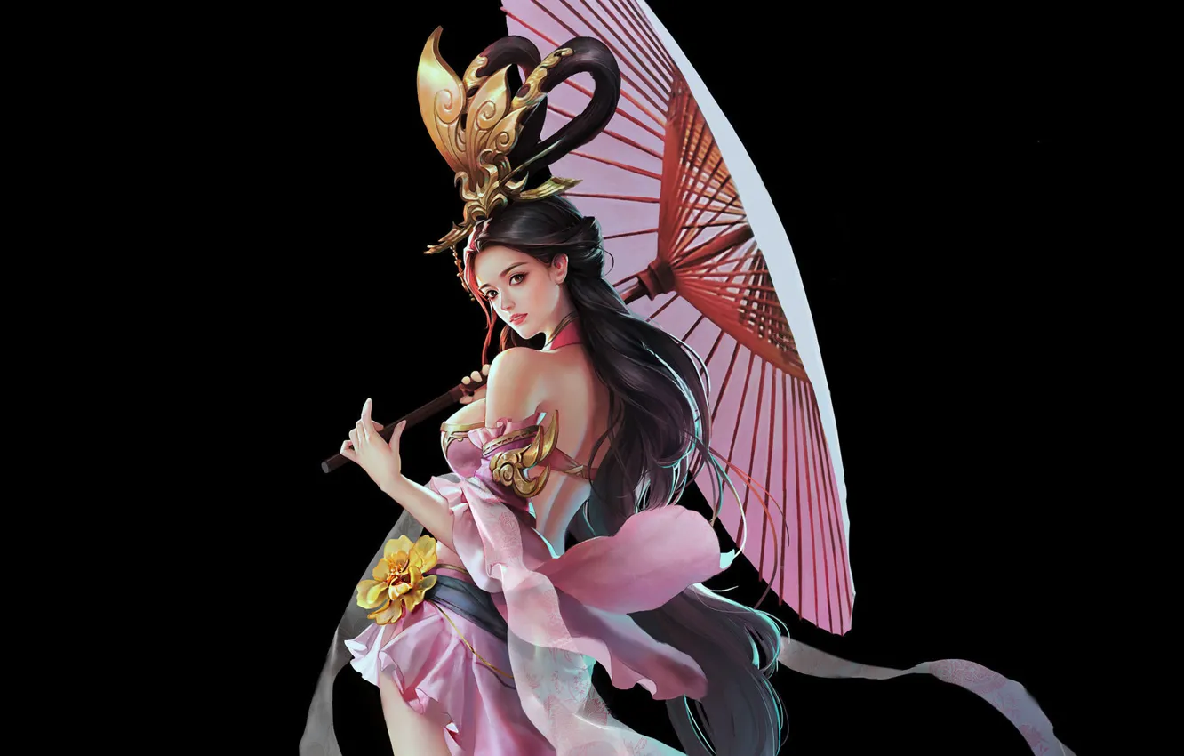 Photo wallpaper look, girl, flowers, background, umbrella, dress, art