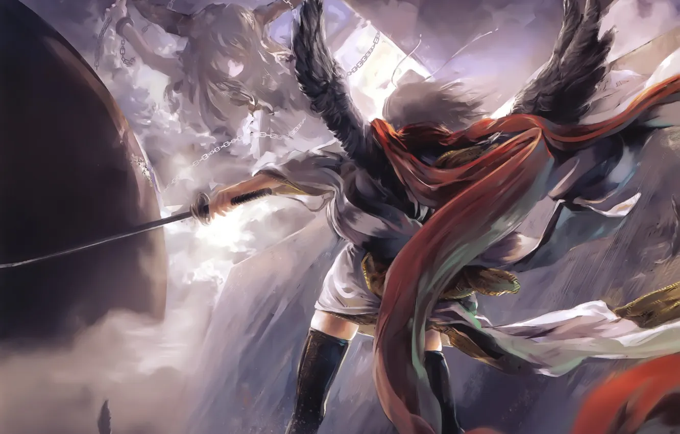 Photo wallpaper girl, planet, wings, sword, katana, art, chain, touhou