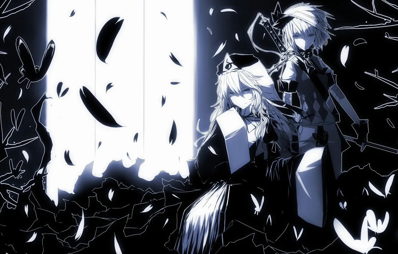 Photo wallpaper girl, weapons, butterfly, katana, feathers, art, touhou, carbon