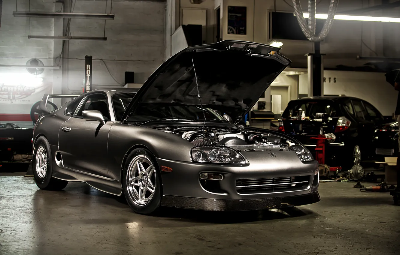 Photo wallpaper garage, silver, Toyota, Supra, drag, Toyota, supra, silvery