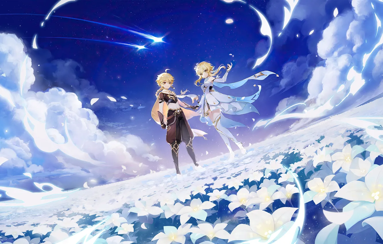 Photo wallpaper clouds, the game, anime, game, anime, characters, clouds, blue sky