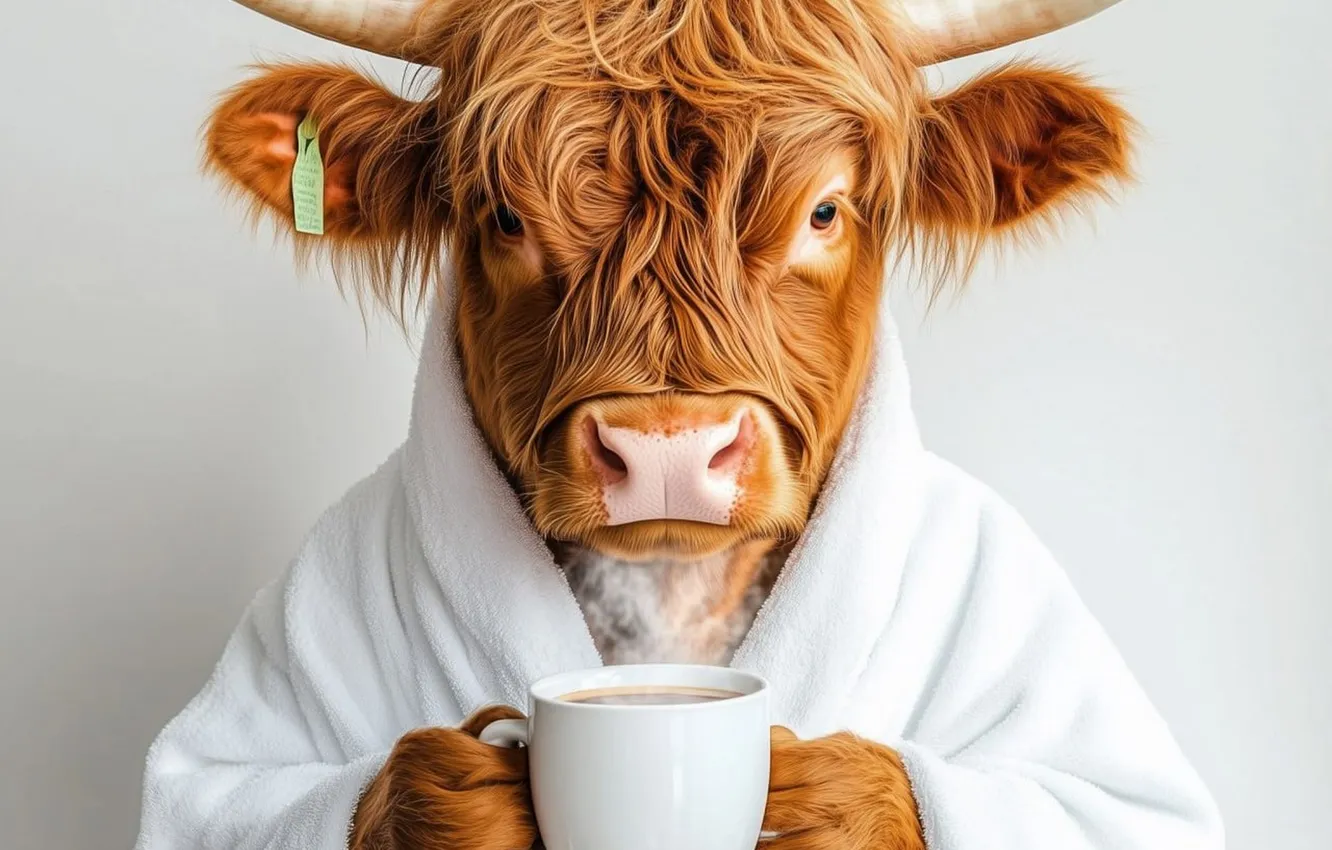 Photo wallpaper horns, Bathrobe, bull, a Cup of coffee, generated by AI