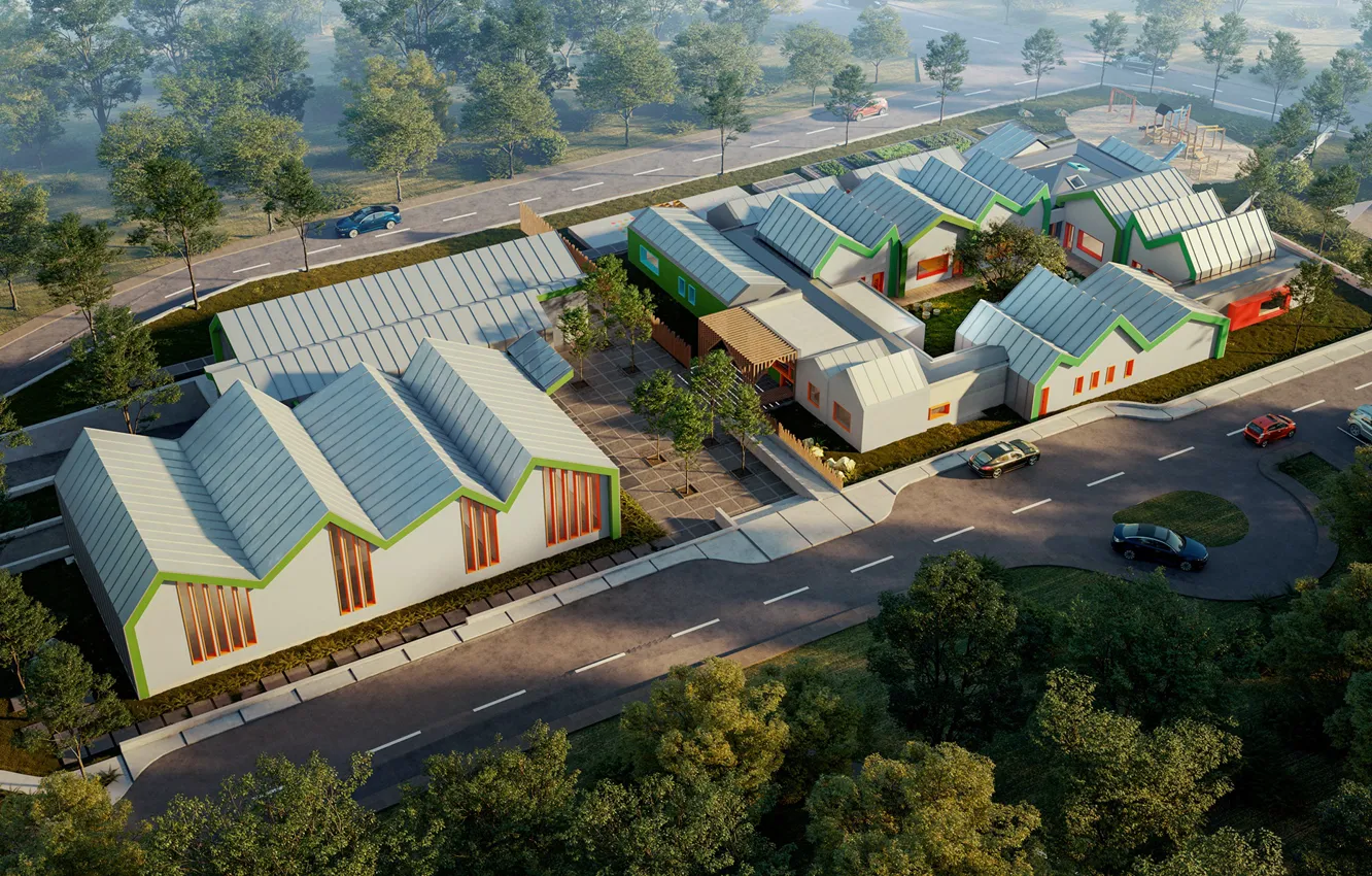 Photo wallpaper road, trees, transport, structure, Kindergarten and cultural center