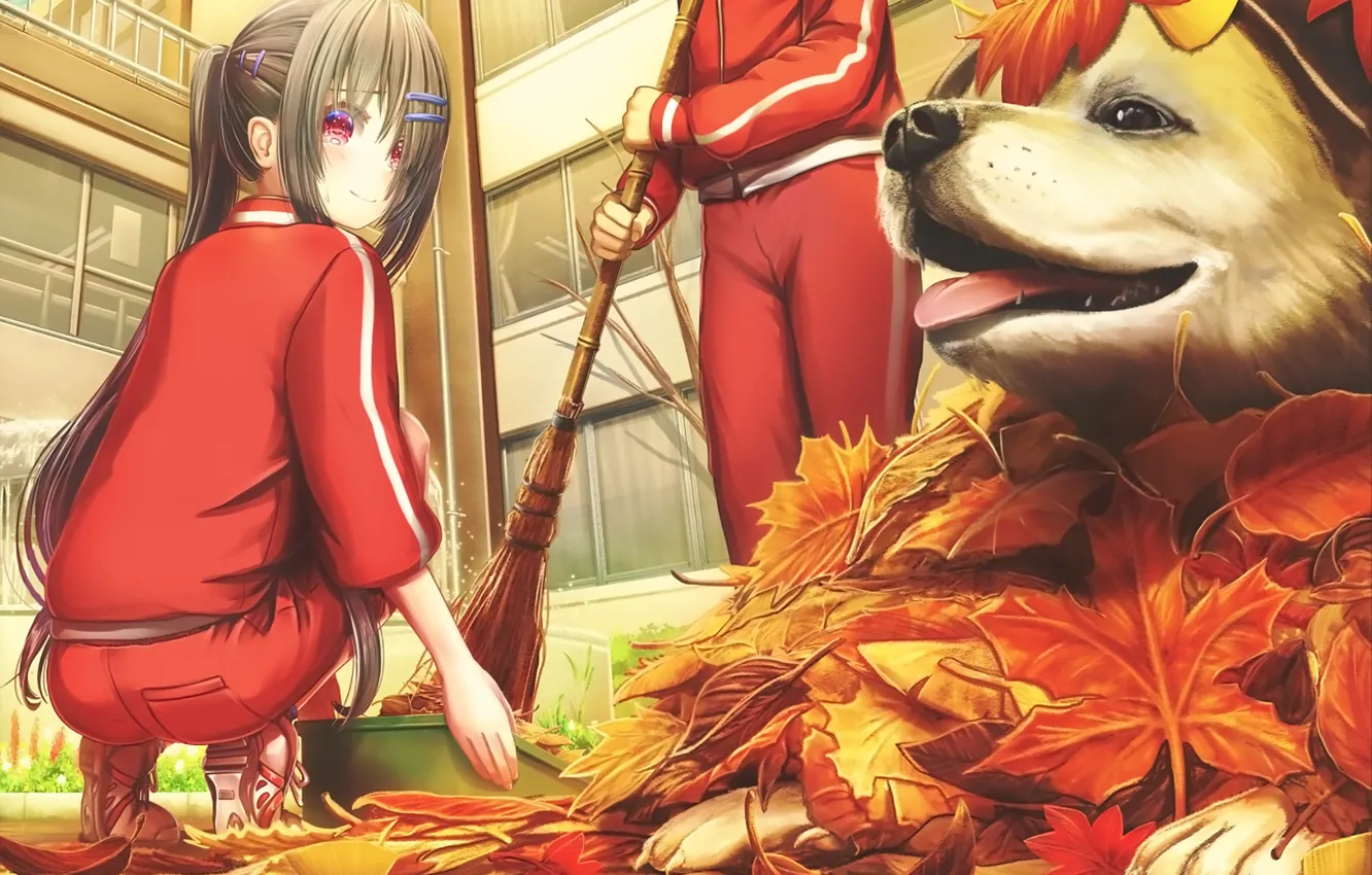 Photo wallpaper autumn, leaves, girls, dog, anime