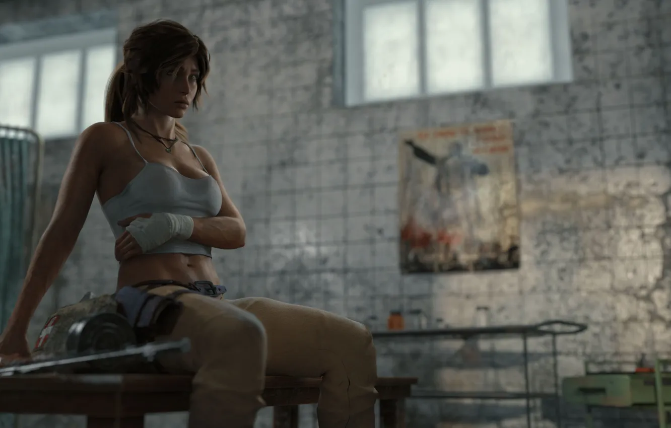 Photo wallpaper girl, Tomb Raider, game, Lara Croft, sitting, the room, Lara Croft