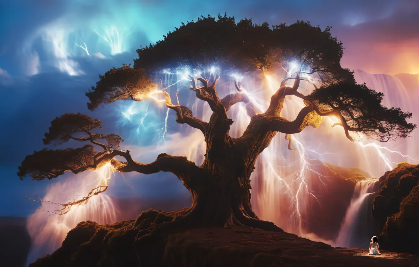 Photo wallpaper trees, lightning, fantasy, electricity, girl, AI art, neural network