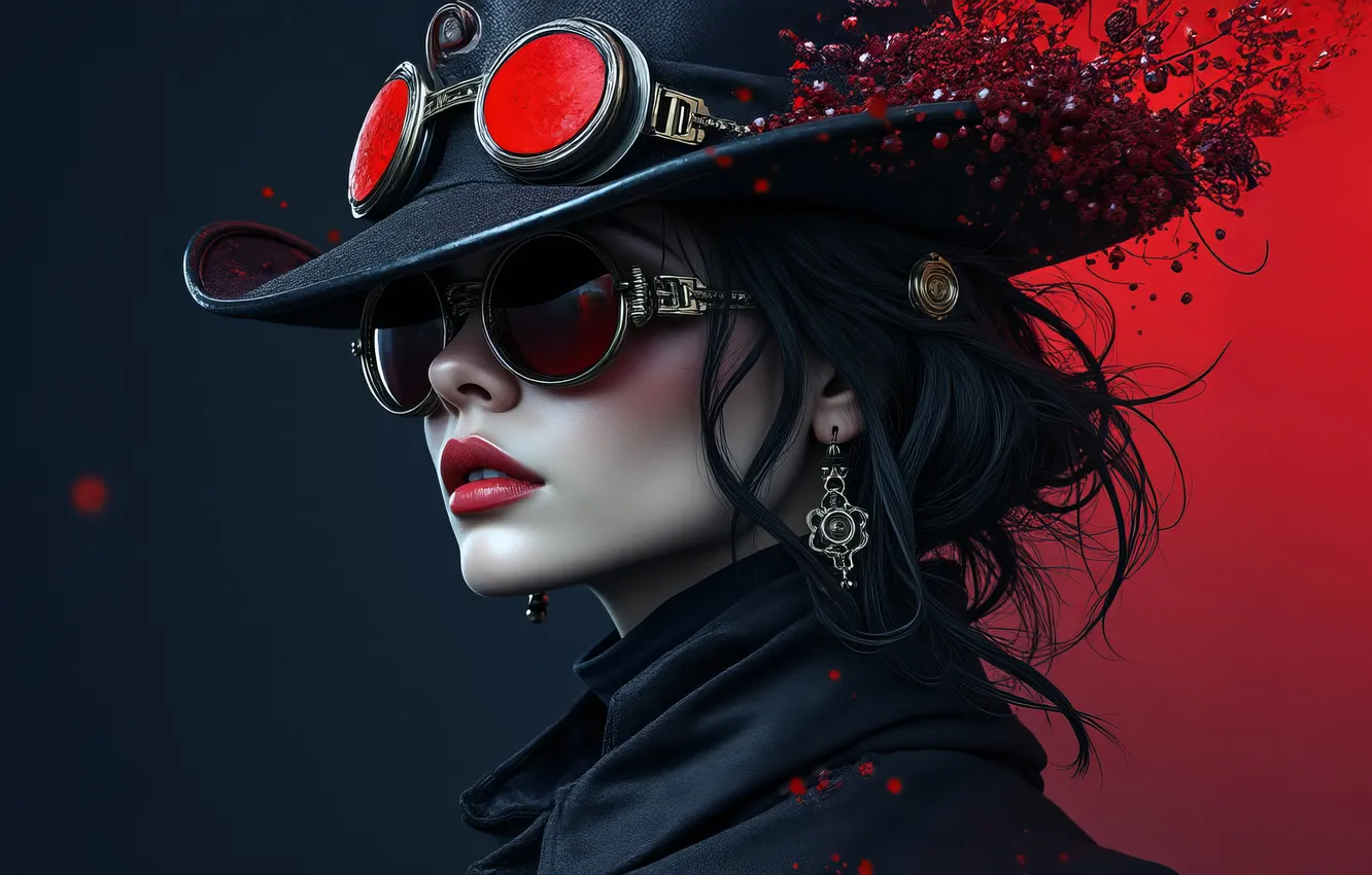 Photo wallpaper girl, face, pose, portrait, glasses, steampunk, AI art, neural network