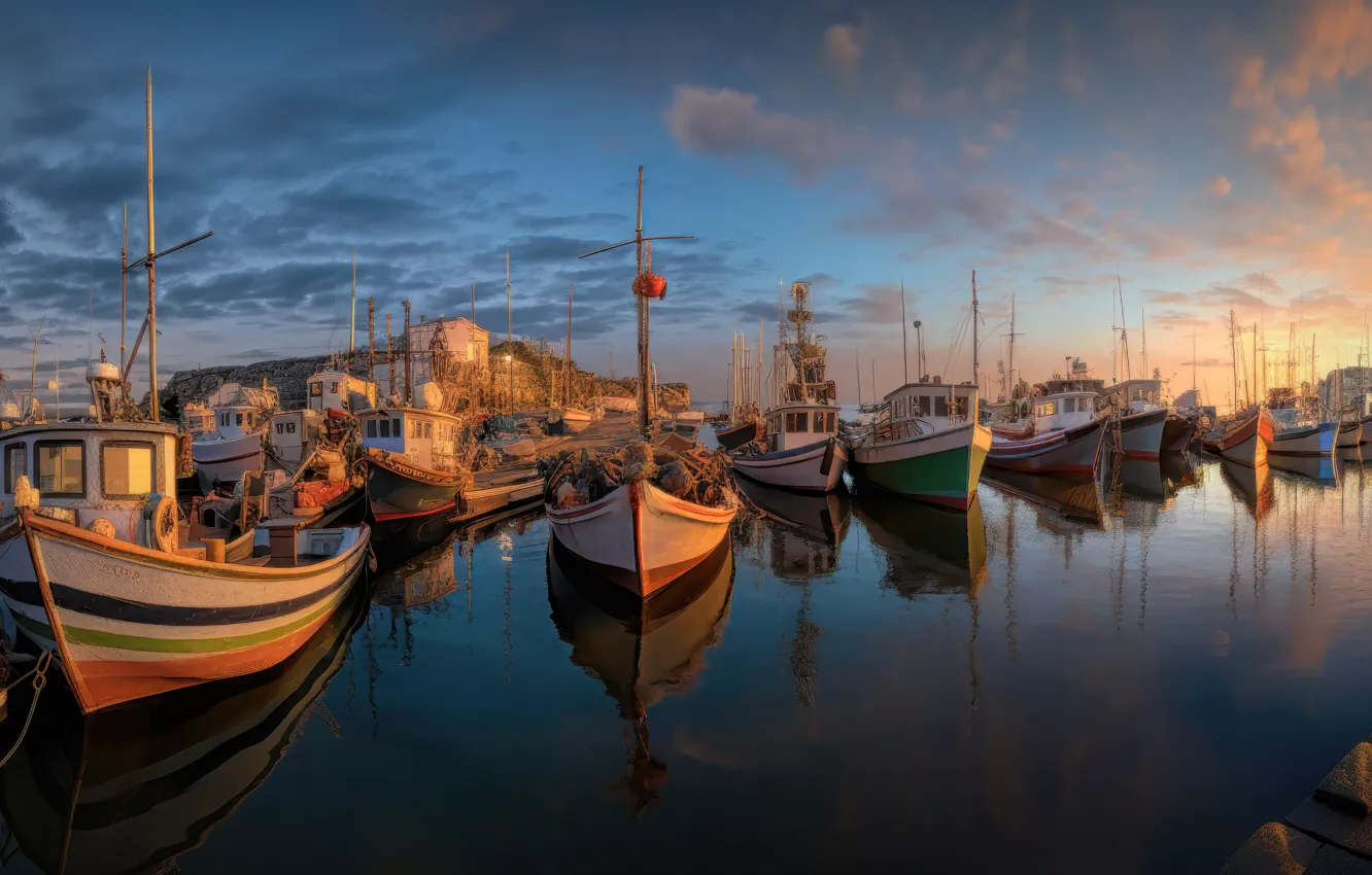 Photo wallpaper the sky, clouds, light, sunset, reflection, blue, network, boat