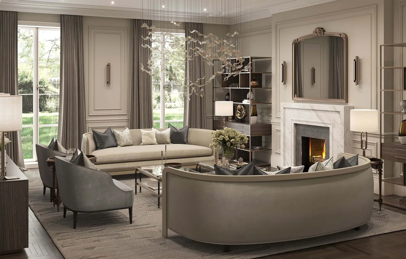 Photo wallpaper design, style, room, interior, fireplace, living room, warm colors, upholstered furniture