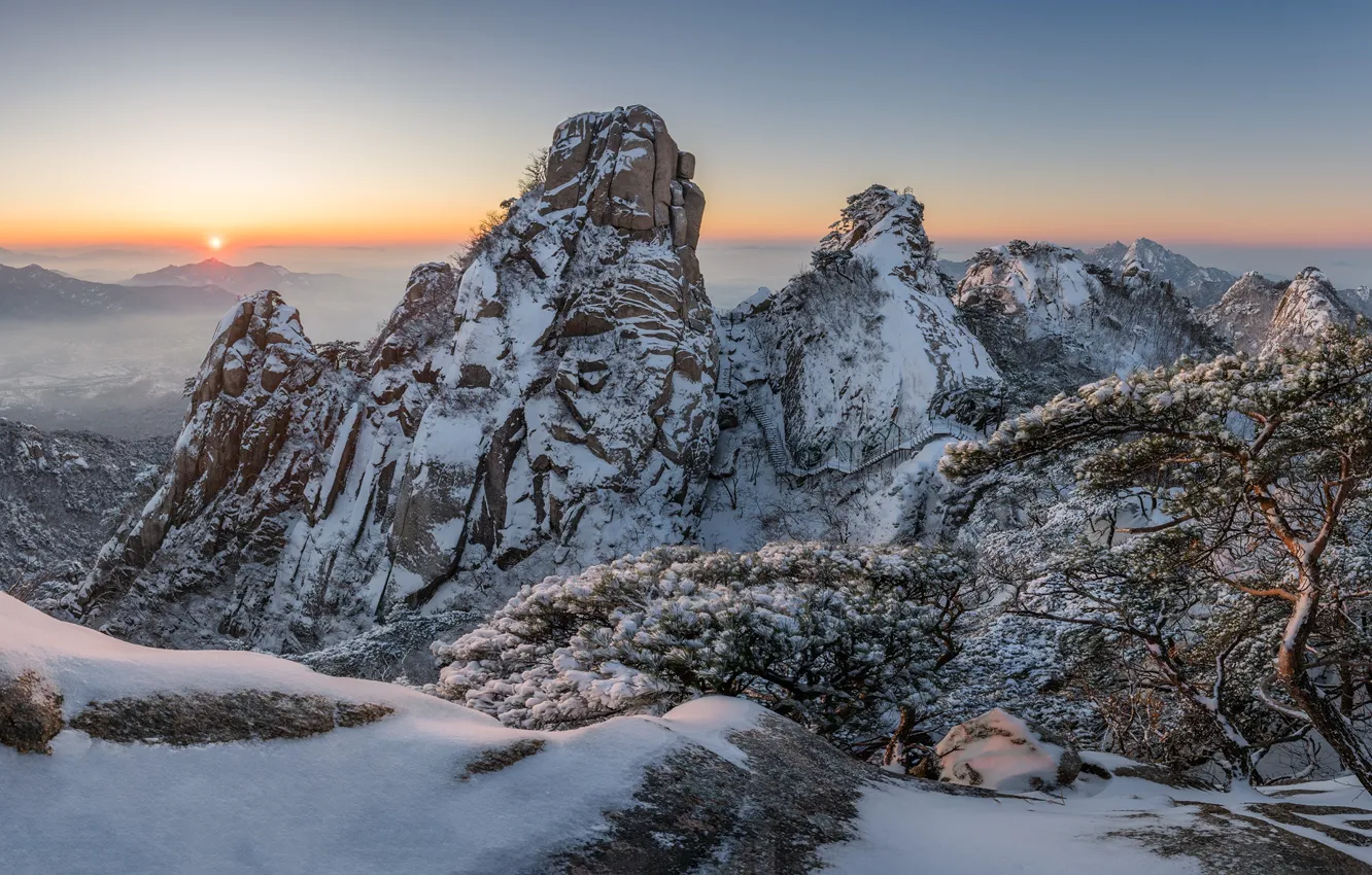Photo wallpaper winter, snow, trees, landscape, mountains, nature, morning, national Park
