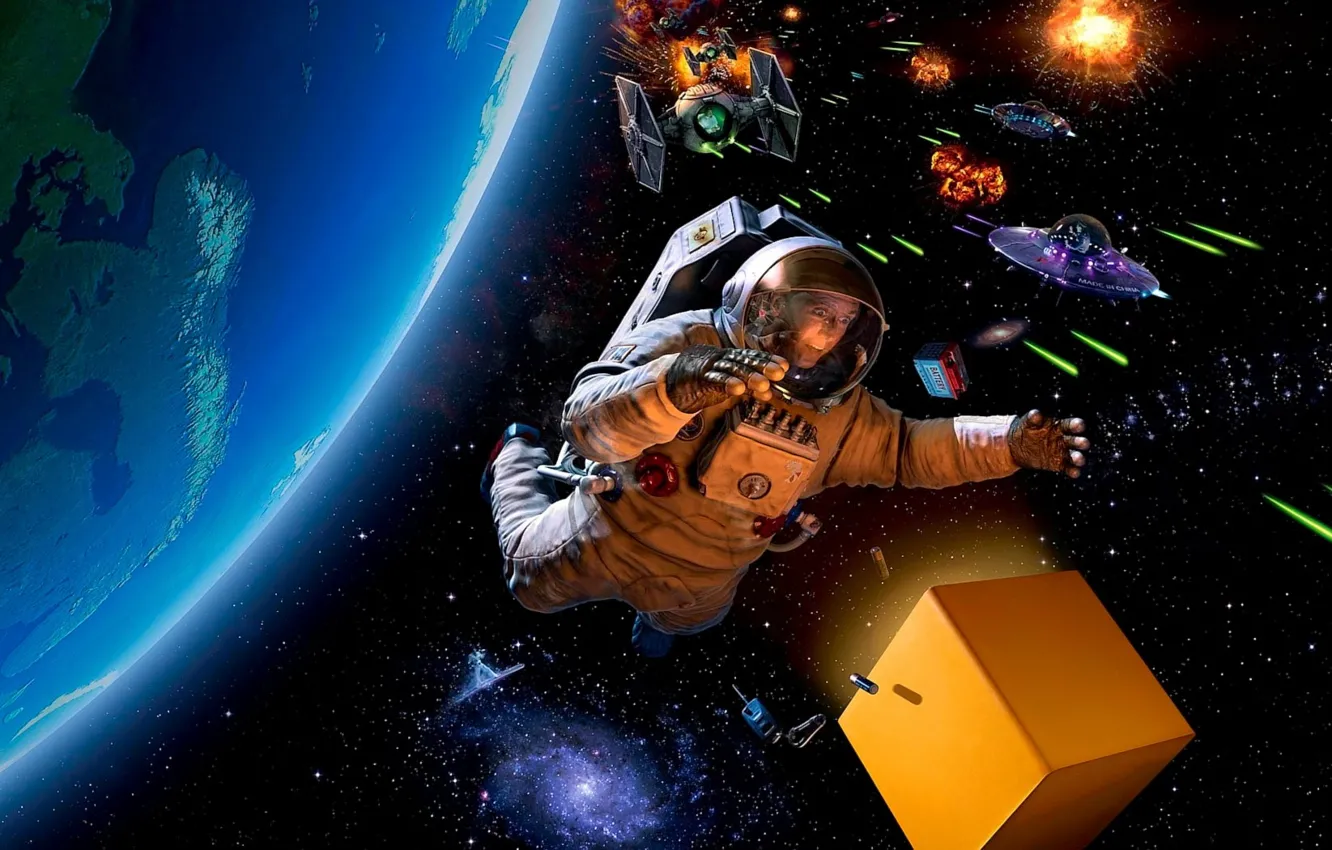 Photo wallpaper box, UFO, astronaut