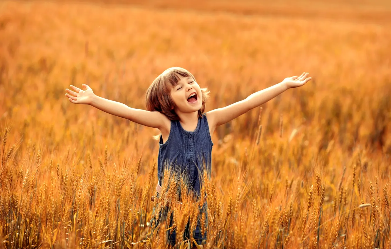 Photo wallpaper wheat, field, summer, joy, happiness, childhood, girl, delight