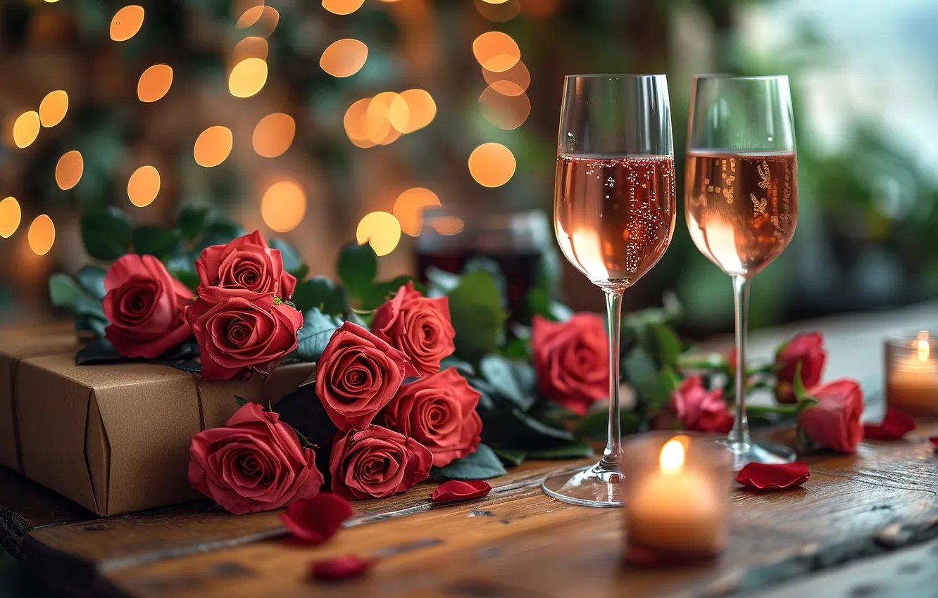 Photo wallpaper love, flowers, gift, romance, roses, glasses, love, champagne