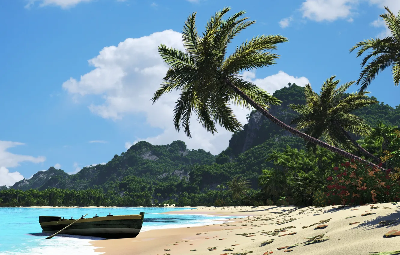 Photo wallpaper beach, leaves, palm trees, hills, boat, Sunny