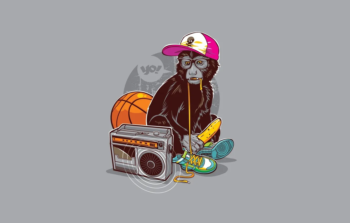Photo wallpaper minimalism, humor, art, glasses, monkey, bananas, grey background, sneakers