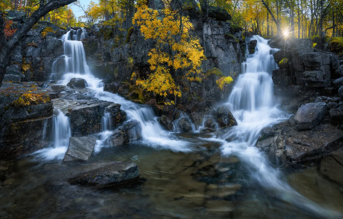 Photo wallpaper autumn, the sun, river, rocks, waterfall, Norway, Norway, Ole Henrik Skjelstad