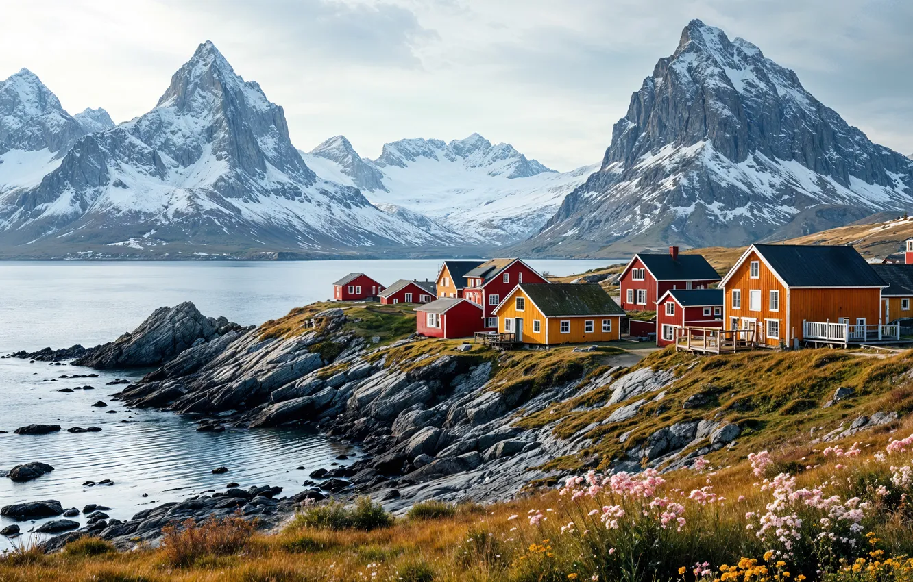 Photo wallpaper snow, trees, landscape, mountains, nature, river, panorama, river