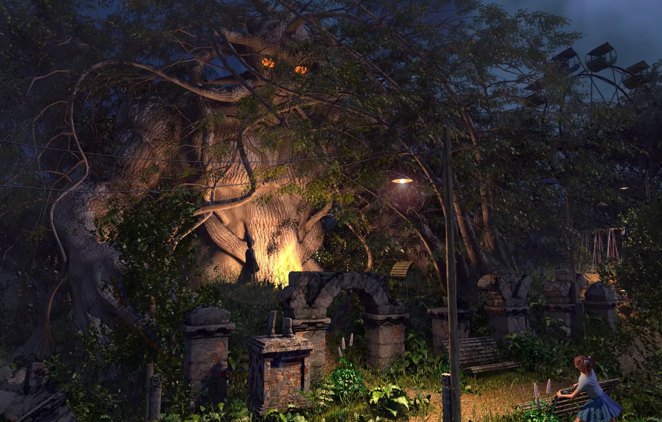 Photo wallpaper girl, darkness, vegetation, lighting, Old Park