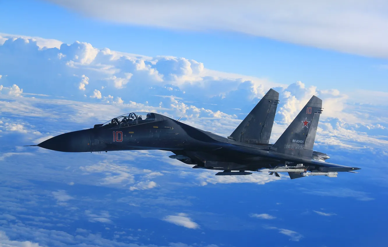 Photo wallpaper the sky, clouds, fighter, flight, Su-35, jet, multipurpose, super-maneuverable