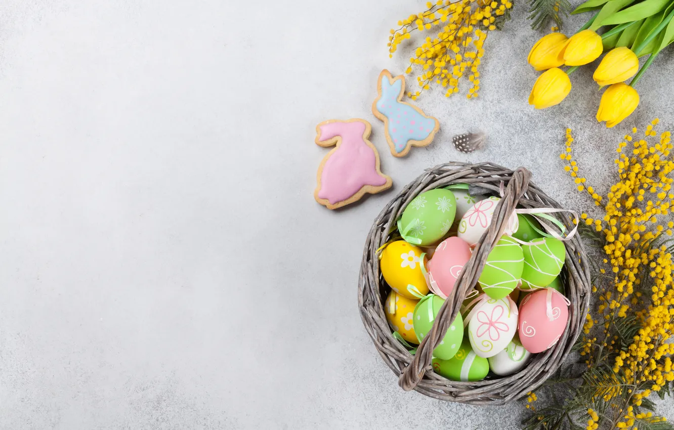 Photo wallpaper flowers, eggs, spring, colorful, Easter, tulips, wood, flowers