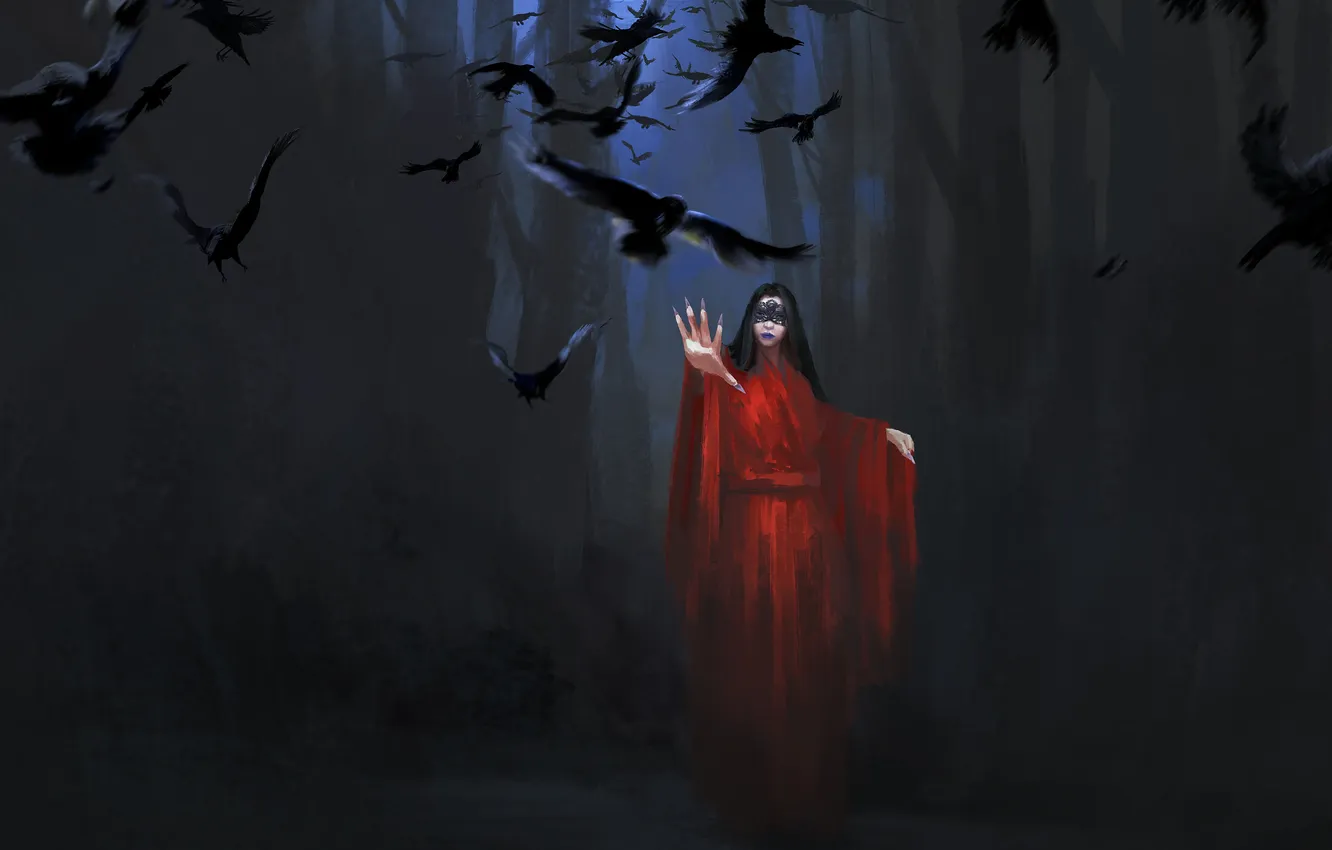 Photo wallpaper trees, night, art, crows, witch