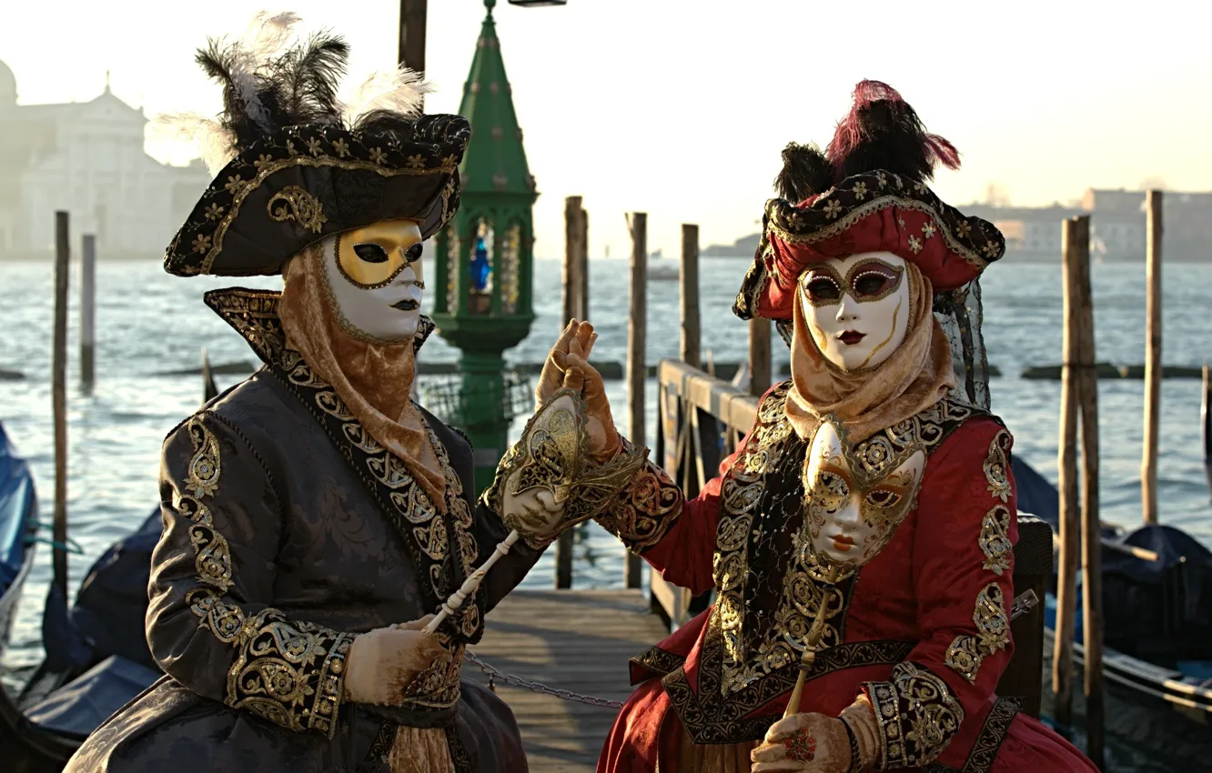 Photo wallpaper mask, pair, costume, Venice, carnival, gondola