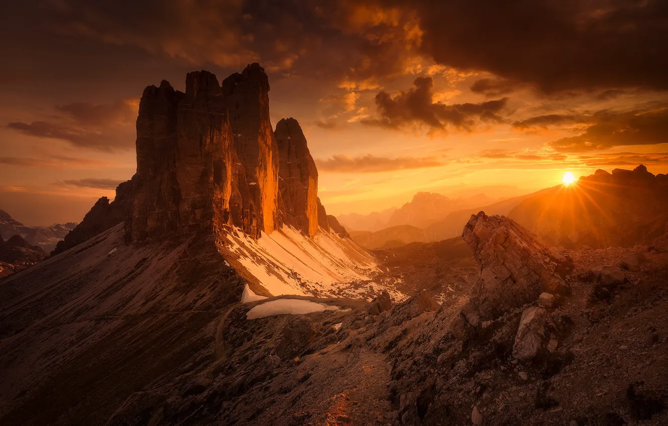 Photo wallpaper sunset, mountains, the crimson