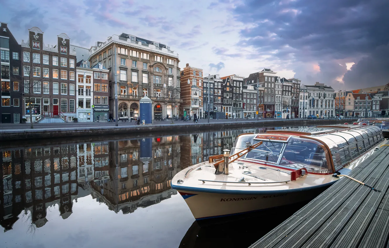 Photo wallpaper reflection, building, home, pier, Amsterdam, channel, Netherlands, Amsterdam