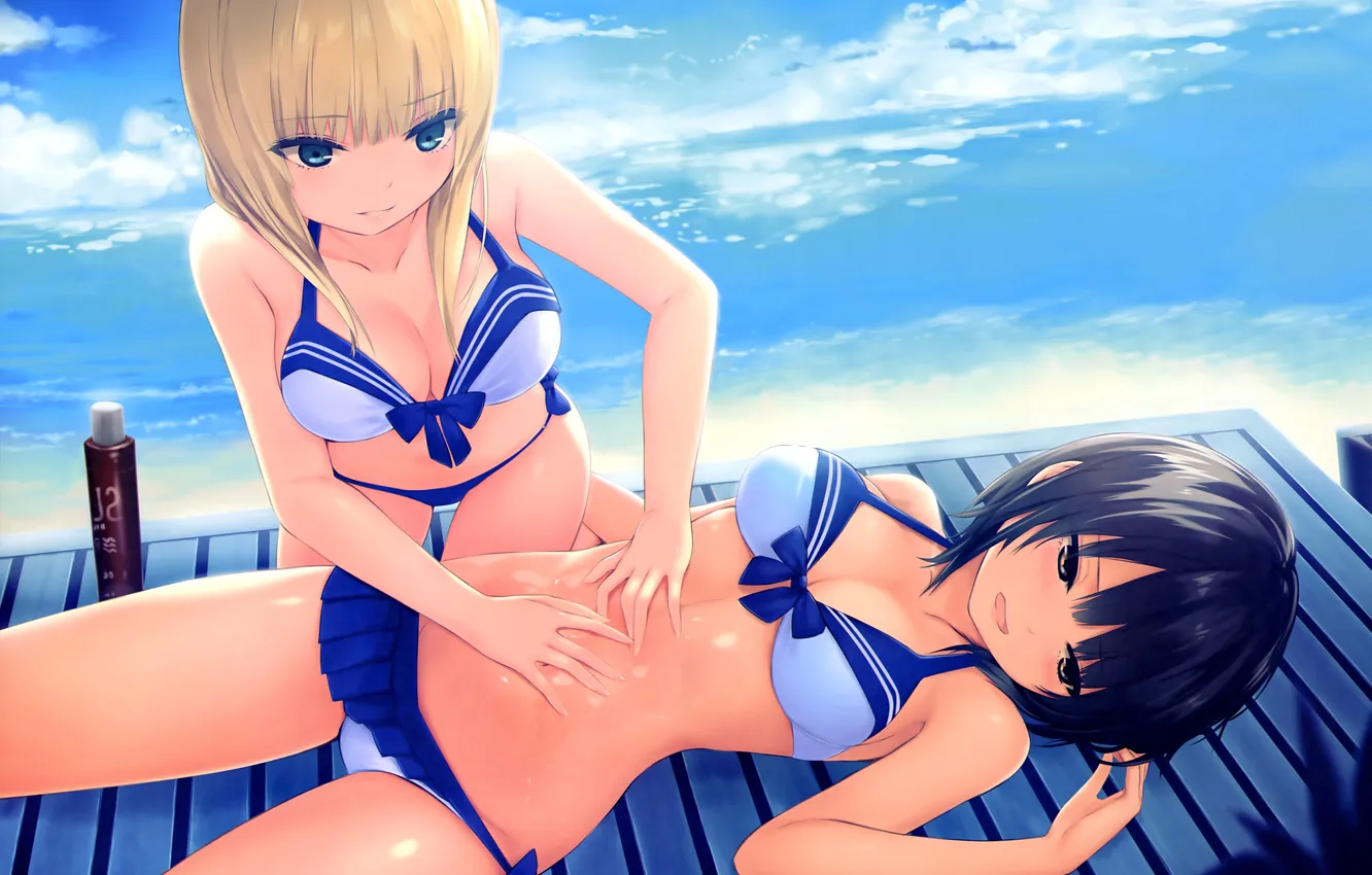 Photo wallpaper sexy, cleavage, beach, green eyes, long hair, sea, girls, boobs