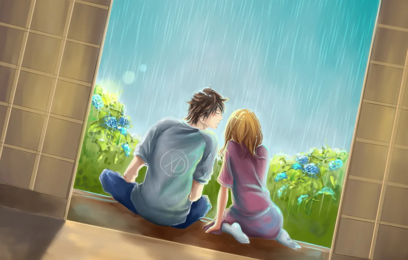 Photo wallpaper girl, rain, art, guy, thresholds, hydrangea, Nakamura Miharu