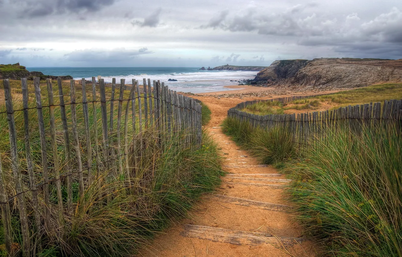 Photo wallpaper road, sea, the fence