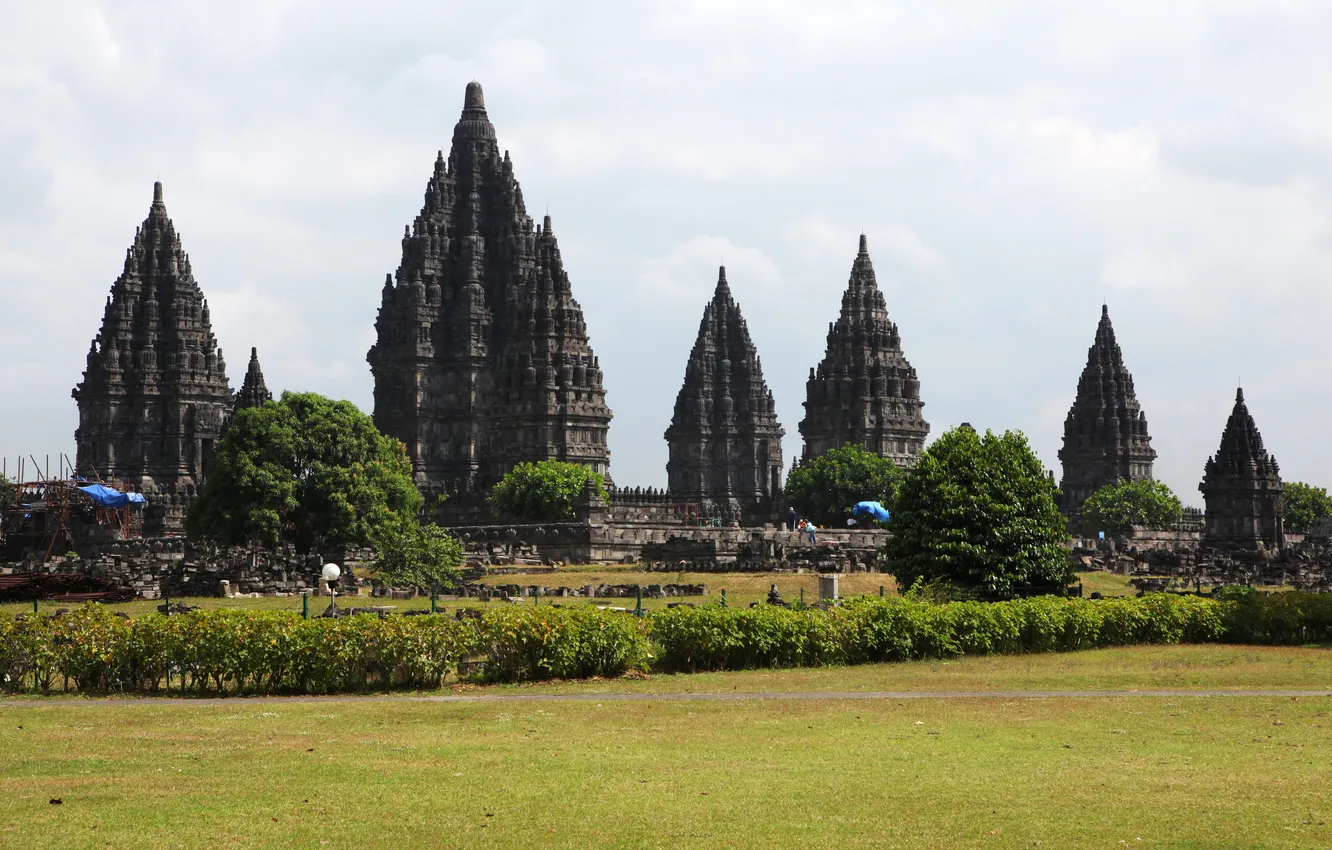 Photo wallpaper field, grass, trees, Indonesia, temple, the bushes, Prambanan, Yogyakarta