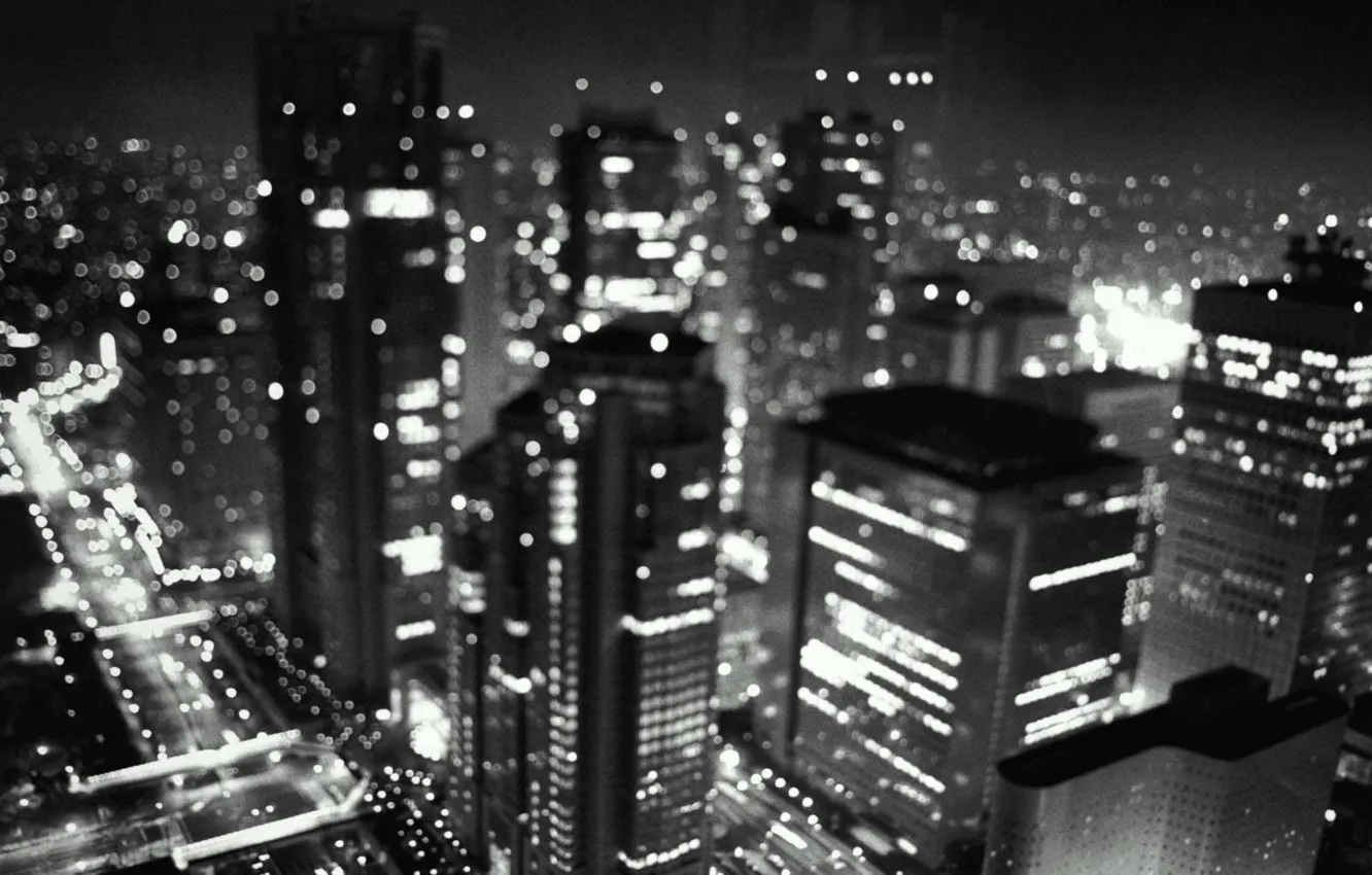 Photo wallpaper night, lights, black and white