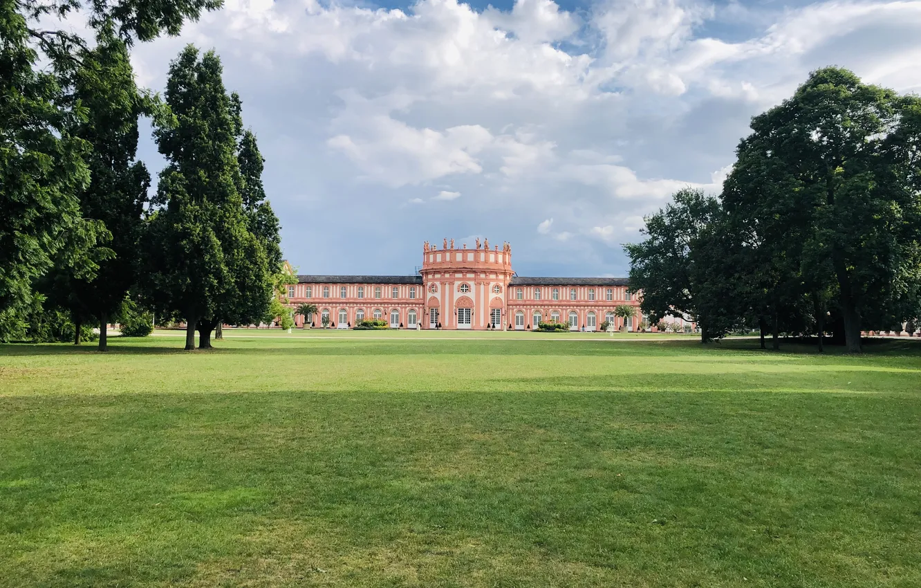 Photo wallpaper field, the sky, grass, clouds, trees, lawn, building, window