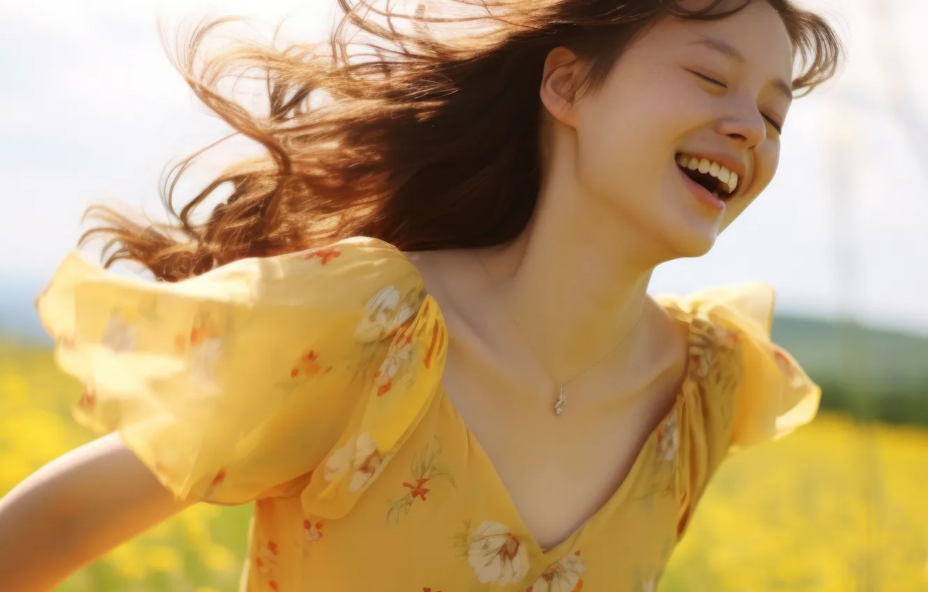 Photo wallpaper neural network, smile, girl, field, digital art, hair, AI art, The Art of Artificial Intelligence